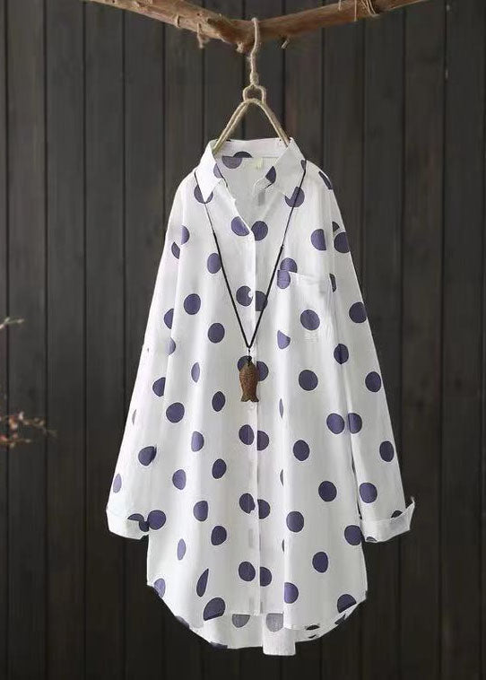 Italian Black Peter Pan Collar Dot Patchwork Cotton Shirt Top Long Sleeve Ada Fashion