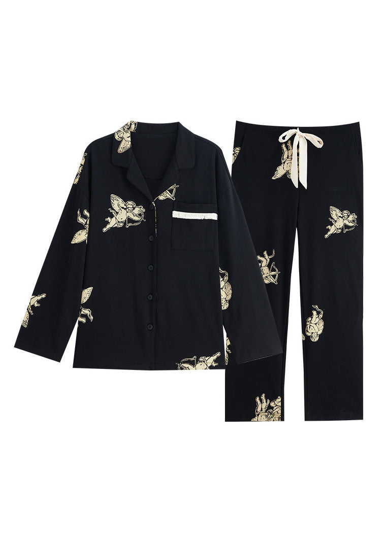 Italian Black Peter Pan Collar Print Button Cotton Couple Pajamas Two Pieces Set Spring TO1035