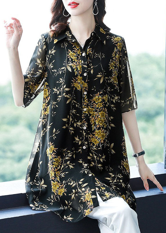 Italian Black Peter Pan Collar Print Button Patchwork Chiffon Top Summer TF1034 - fabuloryshop