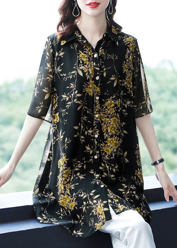 Italian Black Peter Pan Collar Print Button Patchwork Chiffon Top Summer TF1034 - fabuloryshop