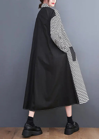 Italian Black Plaid Peter Pan Collar Drawstring Button Holiday Maxi Shirts Dress Fall Ada Fashion