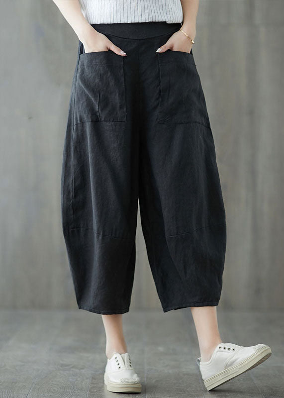 Italian Black Pockets Elastic Waist Patchwork Linen Crop Pants Summer LY5658 - fabuloryshop