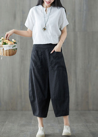 Italian Black Pockets Elastic Waist Patchwork Linen Crop Pants Summer LY5658 - fabuloryshop