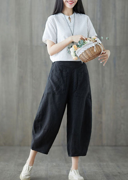 Italian Black Pockets Elastic Waist Patchwork Linen Crop Pants Summer LY5658 - fabuloryshop