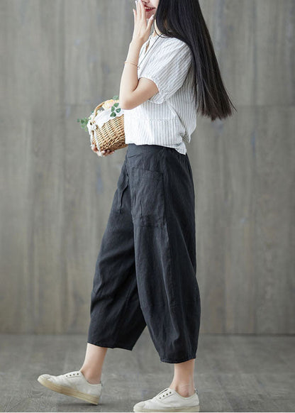 Italian Black Pockets Elastic Waist Patchwork Linen Crop Pants Summer LY5658 - fabuloryshop