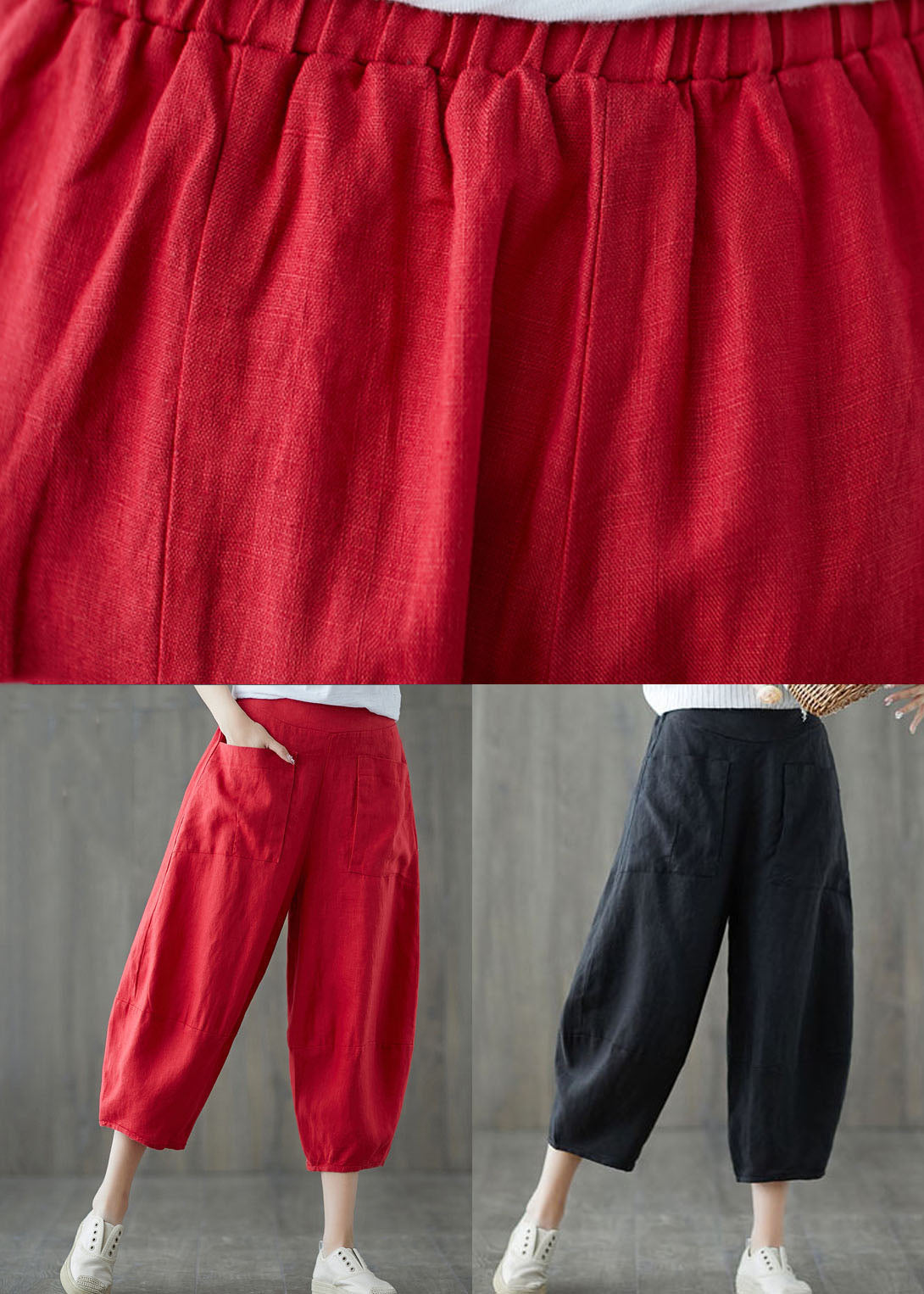 Italian Black Pockets Elastic Waist Patchwork Linen Crop Pants Summer LY5658 - fabuloryshop
