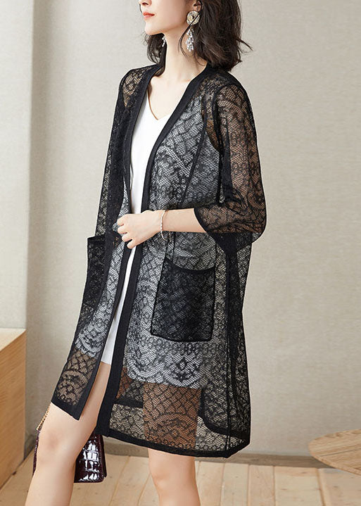 Italian Black Pockets Hollow Out Patchwork Lace Cardigans Summer Ada Fashion