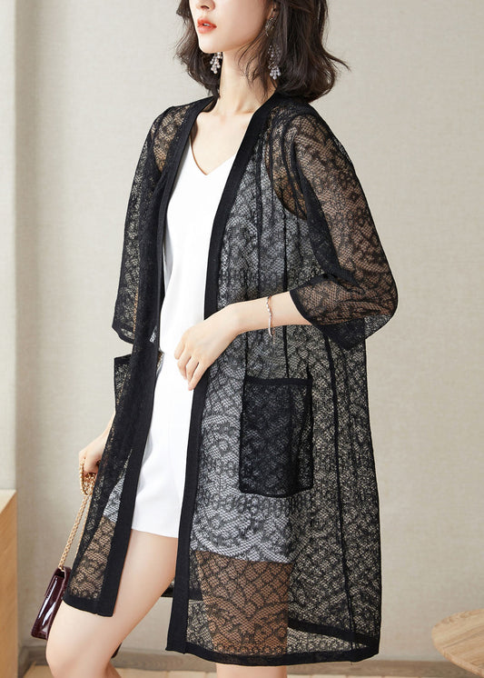 Italian Black Pockets Hollow Out Patchwork Lace Cardigans Summer Ada Fashion