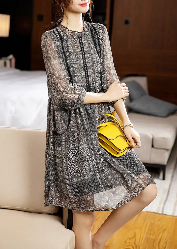 Italian Black Print Pockets Patchwork Chiffon Dresses Fall Ada Fashion