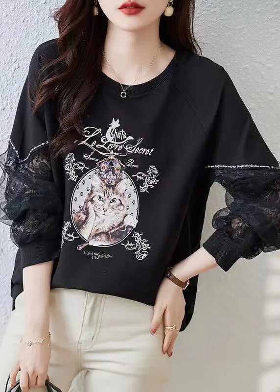 Italian Black Print Tulle Patchwork Sweatshirts Top Fall Ada Fashion