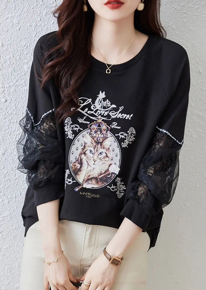 Italian Black Print Tulle Patchwork Sweatshirts Top Fall Ada Fashion