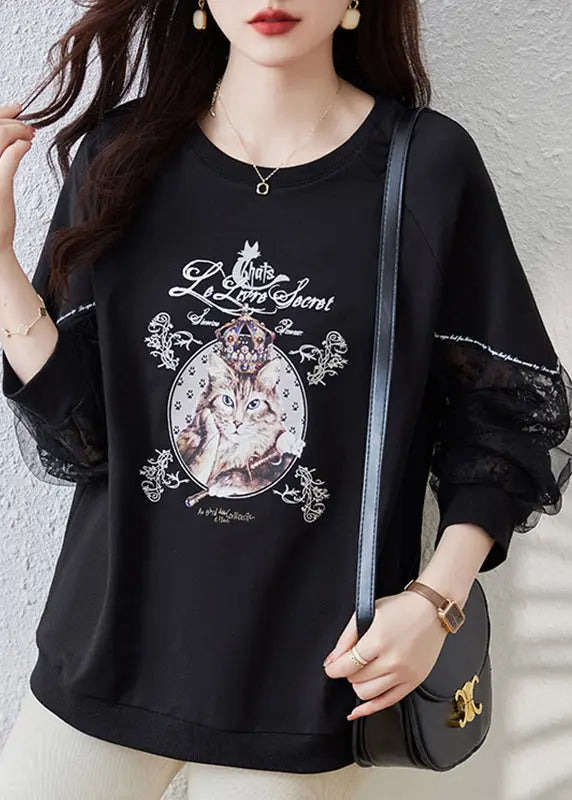 Italian Black Print Tulle Patchwork Sweatshirts Top Fall Ada Fashion