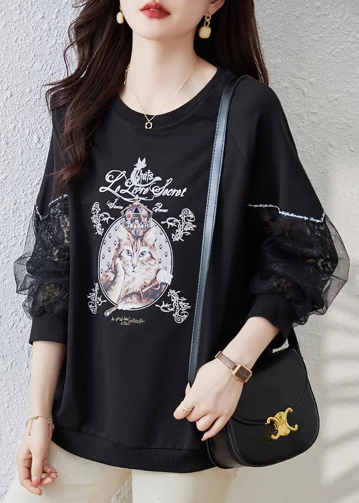 Italian Black Print Tulle Patchwork Sweatshirts Top Fall Ada Fashion