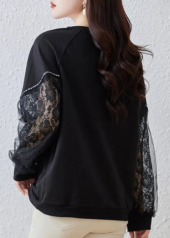 Italian Black Print Tulle Patchwork Sweatshirts Top Fall Ada Fashion