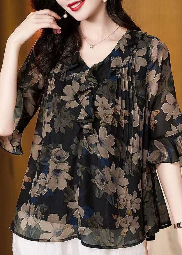 Italian Black Print Wrinkled Patchwork Silk Shirt Top Flare Sleeve TP1015 - fabuloryshop