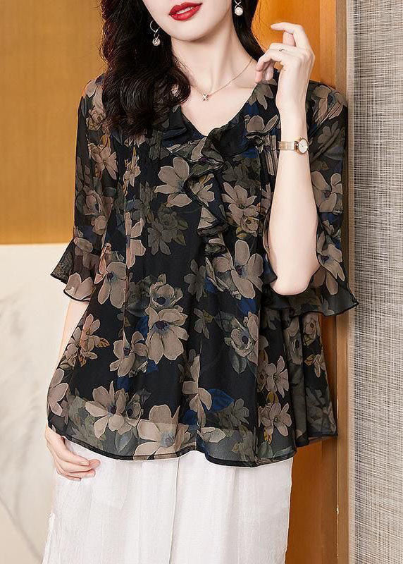 Italian Black Print Wrinkled Patchwork Silk Shirt Top Flare Sleeve LY6957 Ada Fashion
