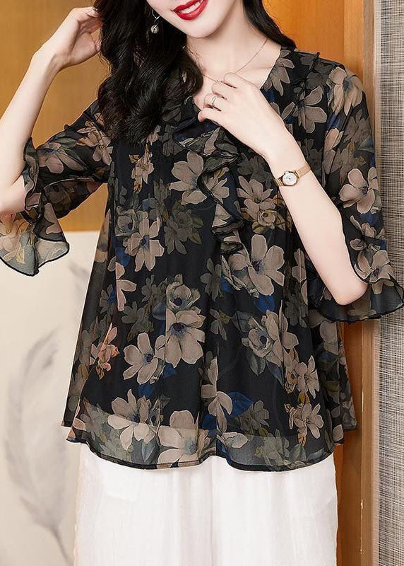 Italian Black Print Wrinkled Patchwork Silk Shirt Top Flare Sleeve TP1015 - fabuloryshop