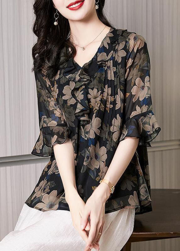 Italian Black Print Wrinkled Patchwork Silk Shirt Top Flare Sleeve TP1015 - fabuloryshop