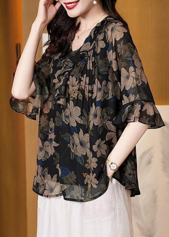 Italian Black Print Wrinkled Patchwork Silk Shirt Top Flare Sleeve LY6957 Ada Fashion