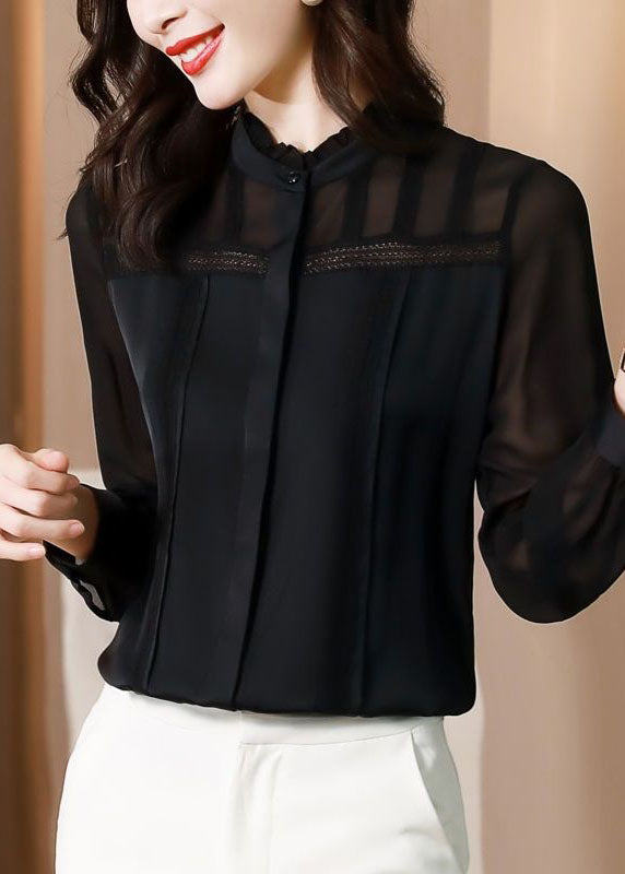 Italian Black Ruffled Lace Patchwork Silk Shirt Spring LY1469 - fabuloryshop