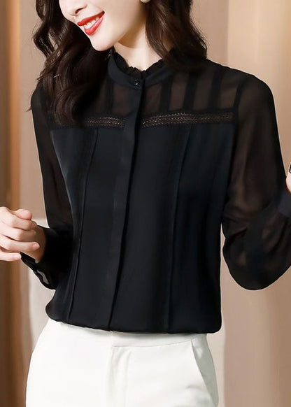 Italian Black Ruffled Lace Patchwork Silk Shirt Spring LY1469 - fabuloryshop