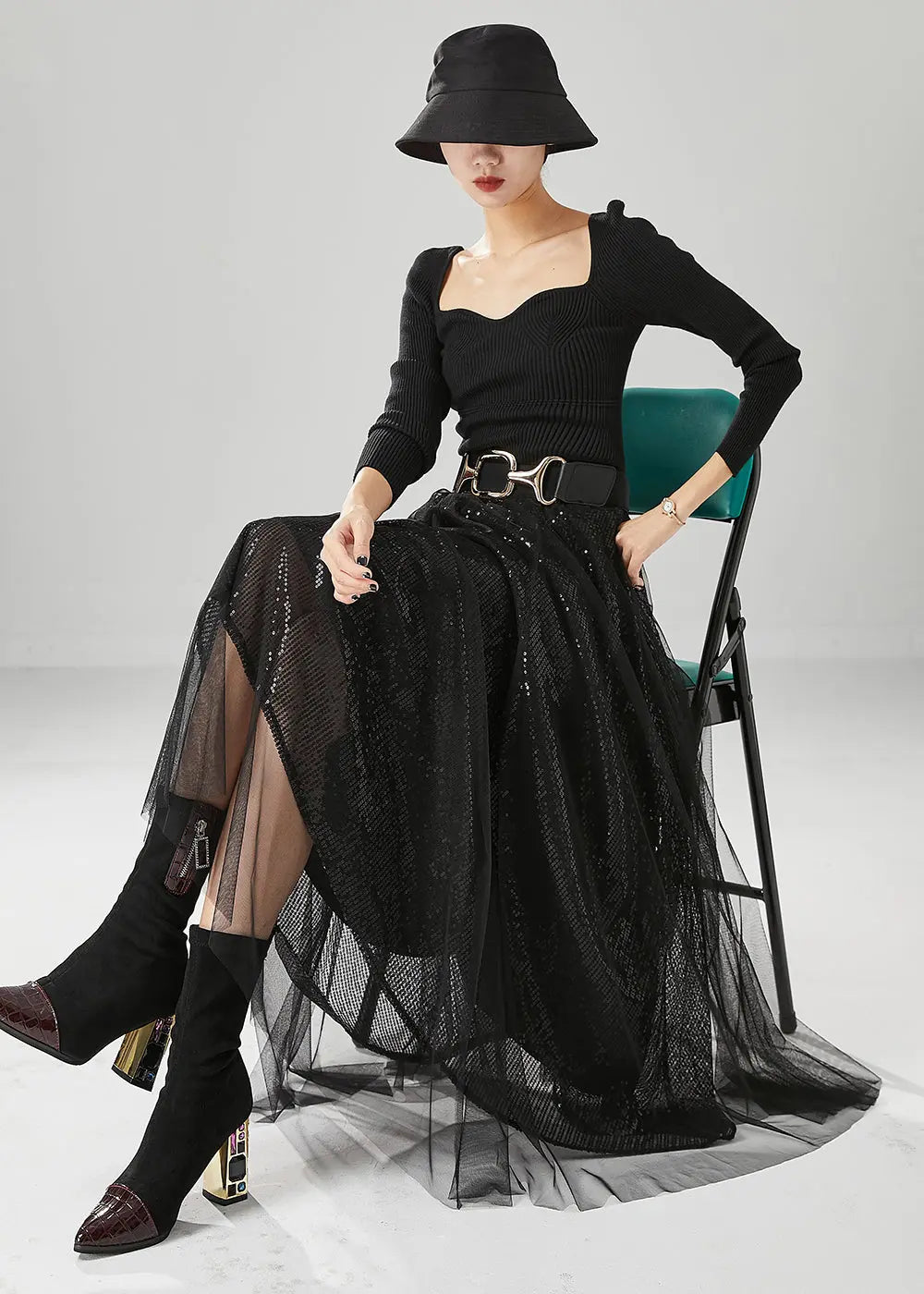 Italian Black Sequins Exra Large Hem Tulle Skirt Fall Ada Fashion