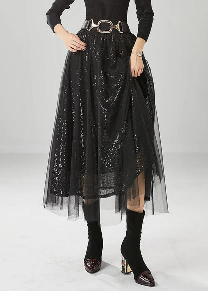 Italian Black Sequins Exra Large Hem Tulle Skirt Fall Ada Fashion