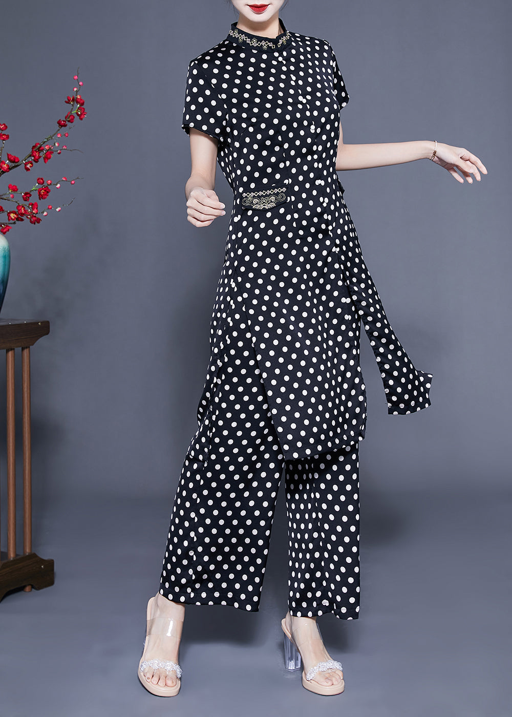 Italian Black Stand Collar Dot Print Side Open Silk Two Pieces Set Summer LC0408 - fabuloryshop