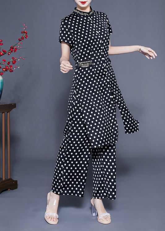 Italian Black Stand Collar Dot Print Side Open Silk Two Pieces Set Summer LC0408 - fabuloryshop