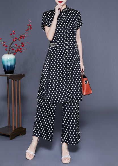 Italian Black Stand Collar Dot Print Side Open Silk Two Pieces Set Summer LC0408 - fabuloryshop