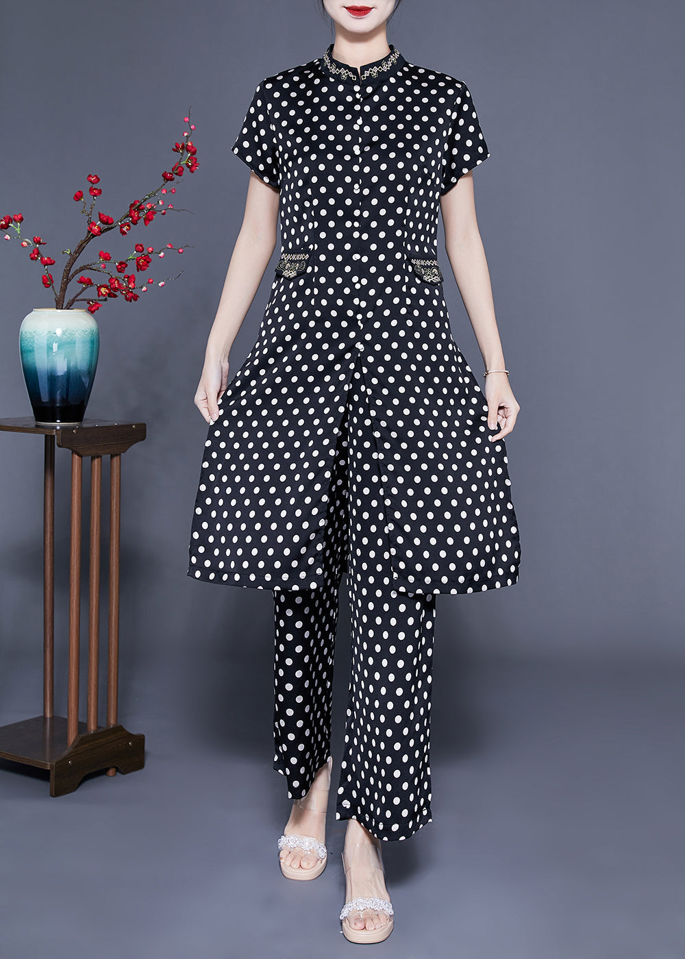 Italian Black Stand Collar Dot Print Side Open Silk Two Pieces Set Summer LY1138 - fabuloryshop
