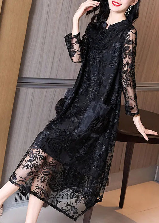 Italian Black Stand Collar Embroideried Pockets Patchwork Tulle Dress Fall Ada Fashion