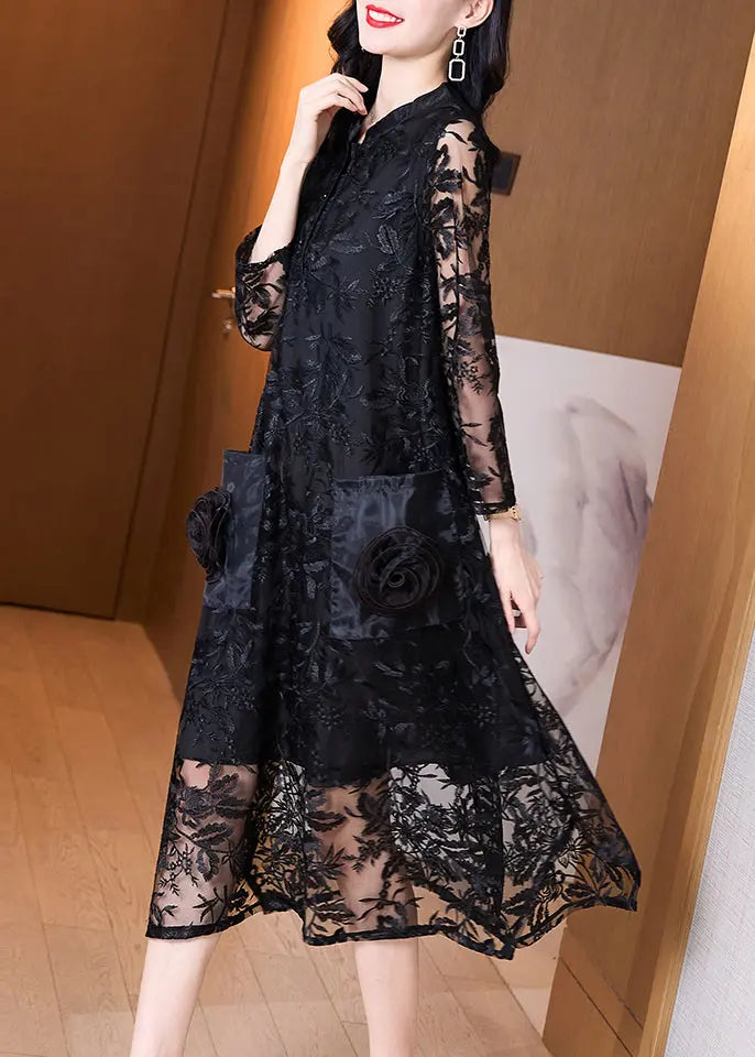 Italian Black Stand Collar Embroideried Pockets Patchwork Tulle Dress Fall Ada Fashion