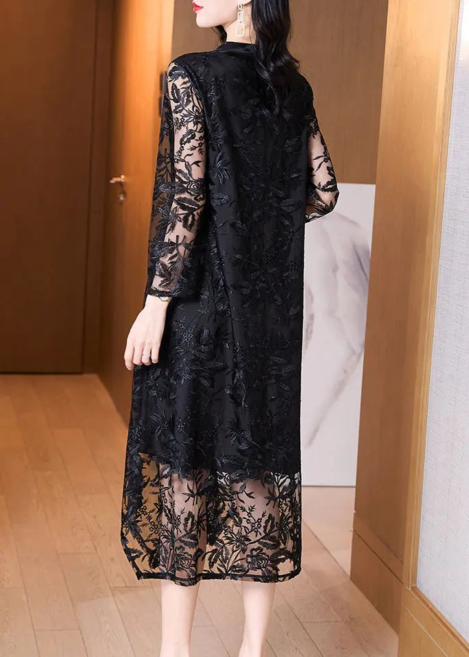 Italian Black Stand Collar Embroideried Pockets Patchwork Tulle Dress Fall Ada Fashion