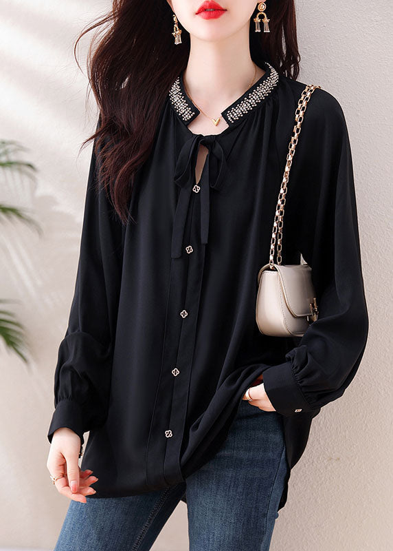 Italian Black Stand Collar Lace Up Shirt Long Sleeve Ada Fashion