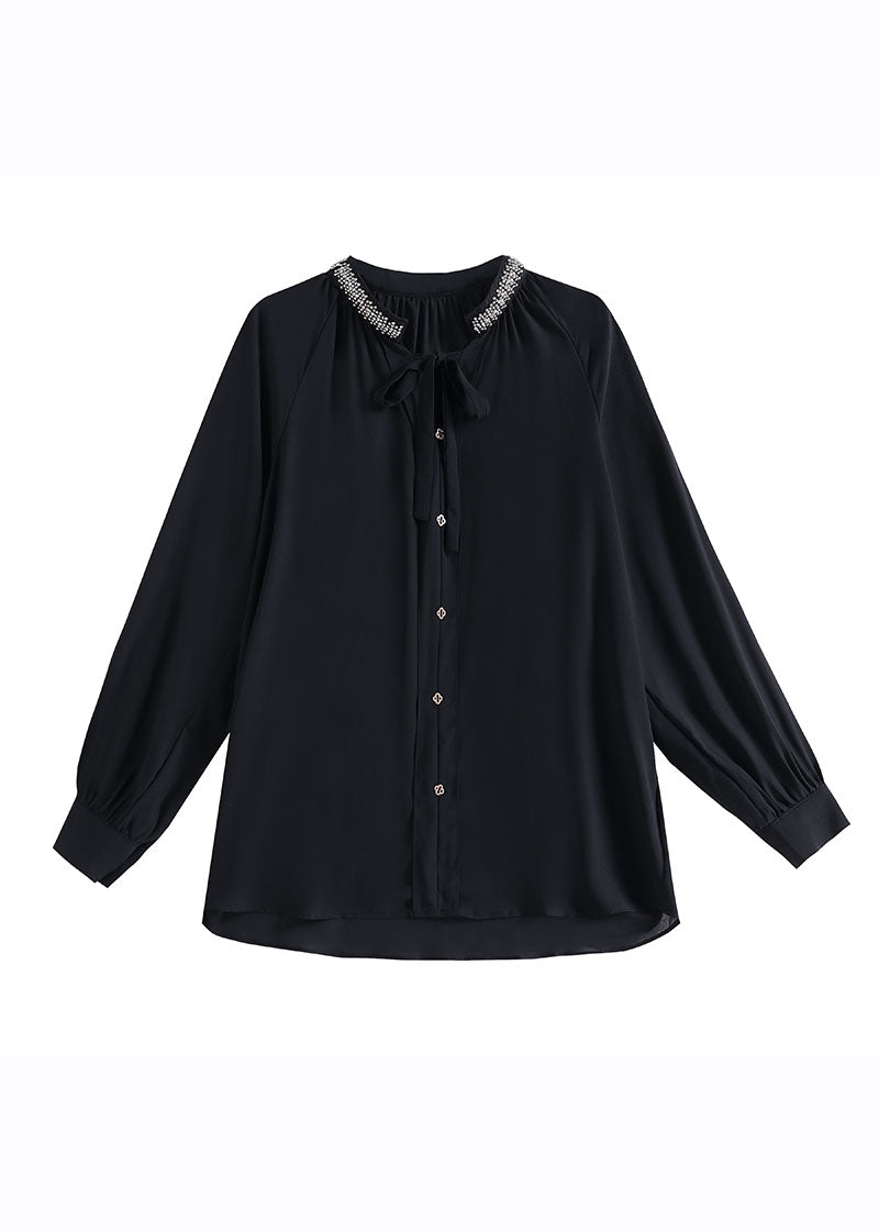 Italian Black Stand Collar Lace Up Shirt Long Sleeve Ada Fashion