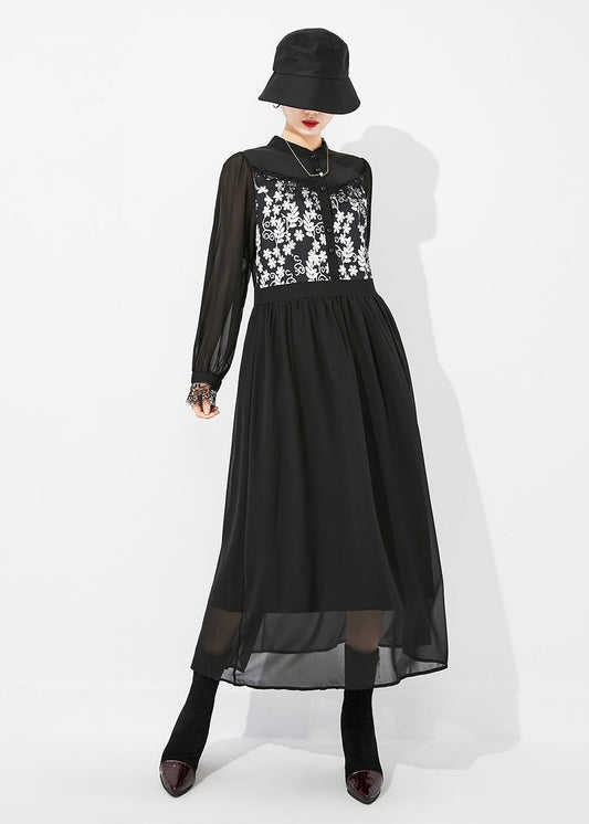 Italian Black Stand Collar Patchwork Exra Large Hem Chiffon Vacation Dresses Spring LY0885 - fabuloryshop