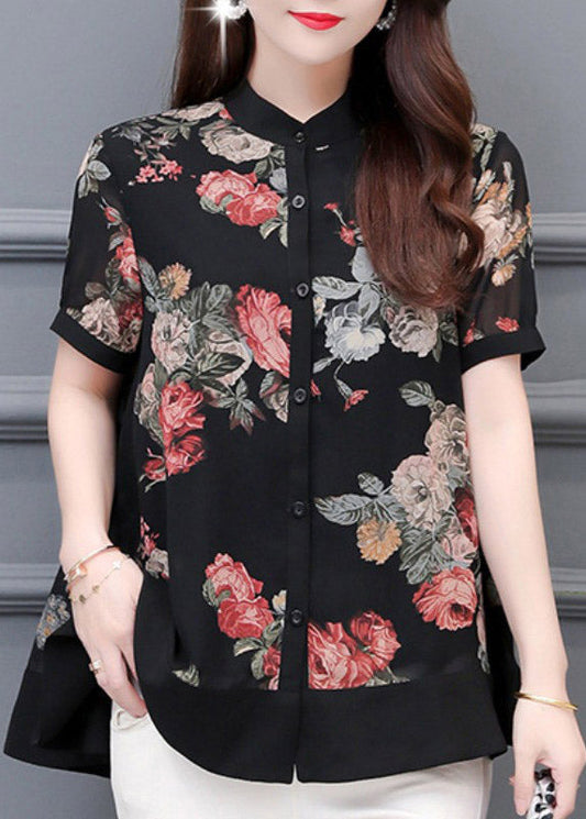 Italian Black Stand Collar Print Button Chiffon Shirt Short Sleeve LY3702 - fabuloryshop