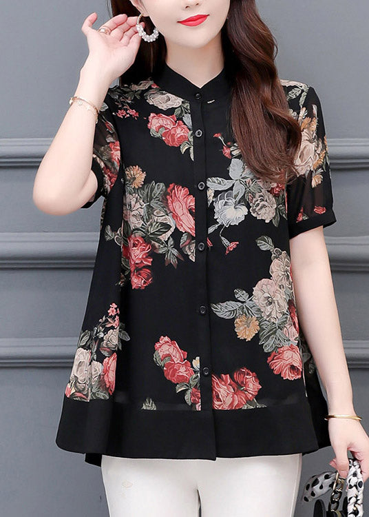 Italian Black Stand Collar Print Button Chiffon Shirt Short Sleeve LY3702 - fabuloryshop