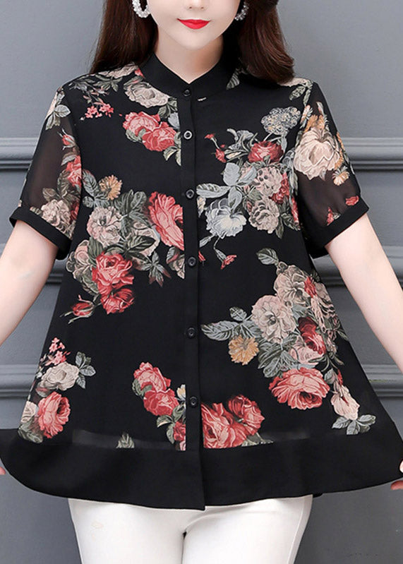 Italian Black Stand Collar Print Button Chiffon Shirt Short Sleeve LY3702 - fabuloryshop