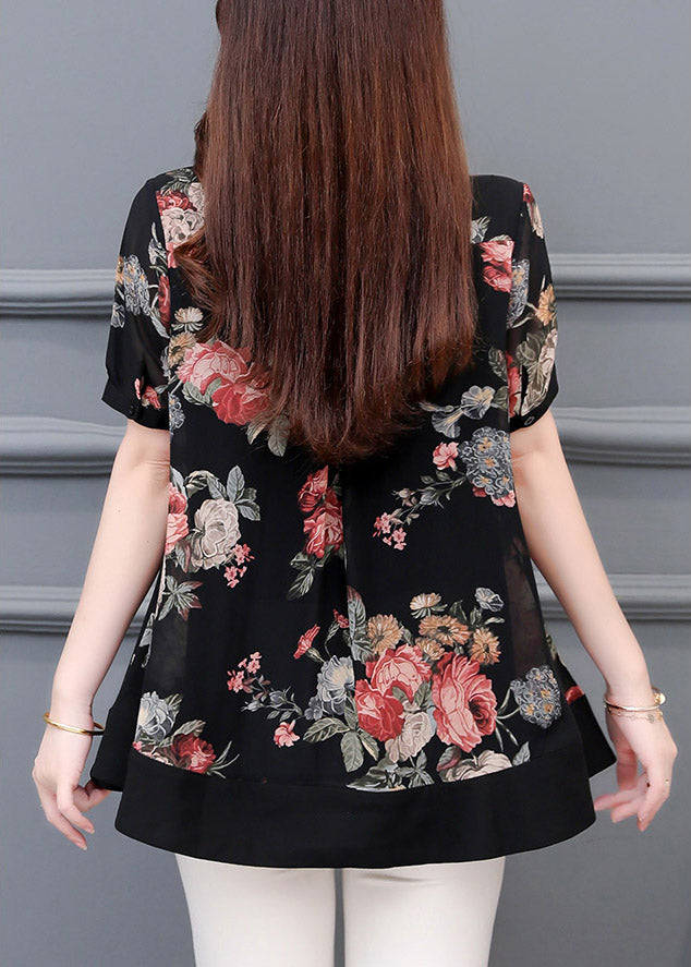 Italian Black Stand Collar Print Button Chiffon Shirt Short Sleeve LY3702 - fabuloryshop