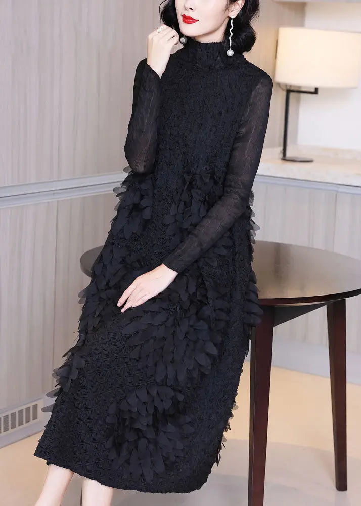 Italian Black Stand Collar Wrinkled Holiday Long Dress Fall Ada Fashion