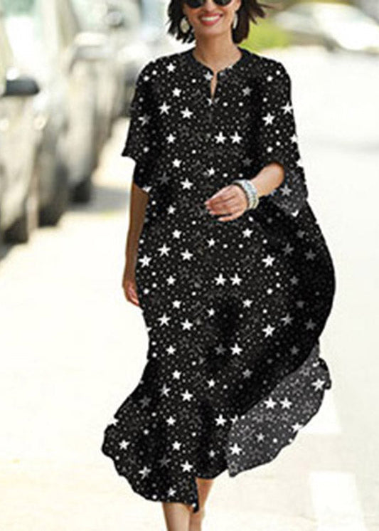 Italian Black Star Print Button Vacation Long Dresses Short Sleeve LY3023 - fabuloryshop