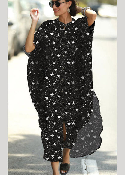 Italian Black Star Print Button Vacation Long Dresses Short Sleeve LY3023 - fabuloryshop