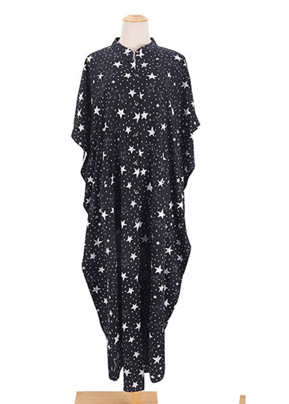 Italian Black Star Print Button Vacation Long Dresses Short Sleeve LY3023 - fabuloryshop