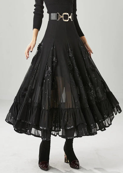 Italian Black Stereoscopic Floral Chiffon A Line Skirt Fall Ada Fashion