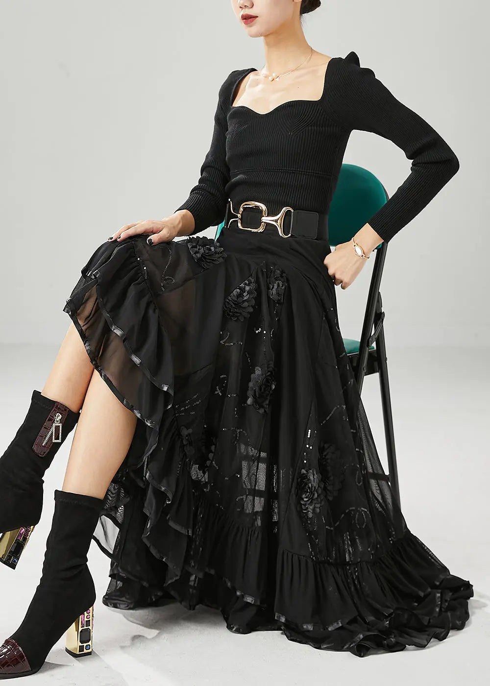Italian Black Stereoscopic Floral Chiffon A Line Skirt Fall Ada Fashion