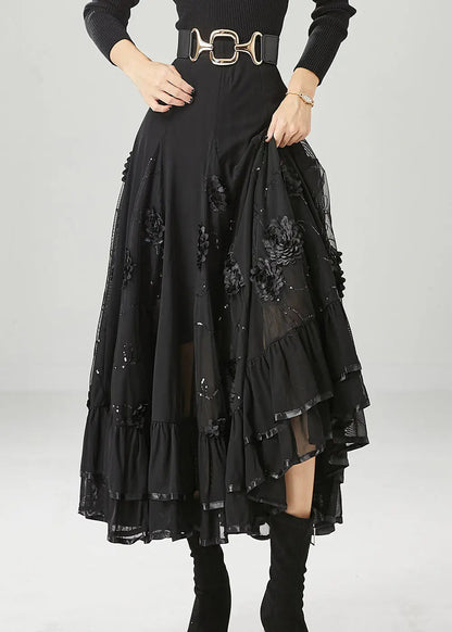 Italian Black Stereoscopic Floral Chiffon A Line Skirt Fall Ada Fashion