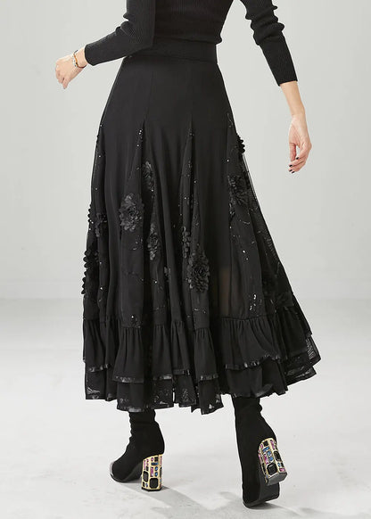 Italian Black Stereoscopic Floral Chiffon A Line Skirt Fall Ada Fashion