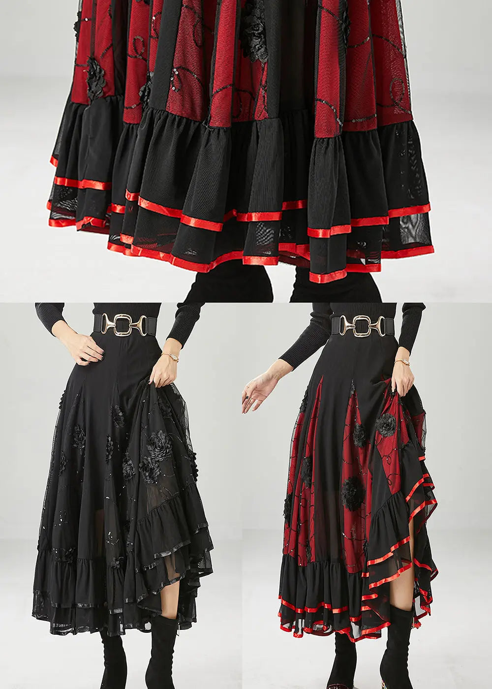 Italian Black Stereoscopic Floral Chiffon A Line Skirt Fall Ada Fashion